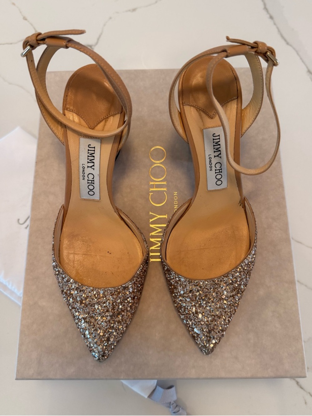 Jimmy Choo Beige/Silver Glitter and Leather Micky Pumps Size 36.5